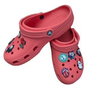 Adult Pink Crocs Clogs With Cartoon Charms Slip-On Lightweight Comfort Shoes.